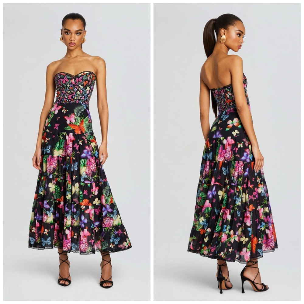 Charo Ruiz Black Strapless Floral Midi Dress